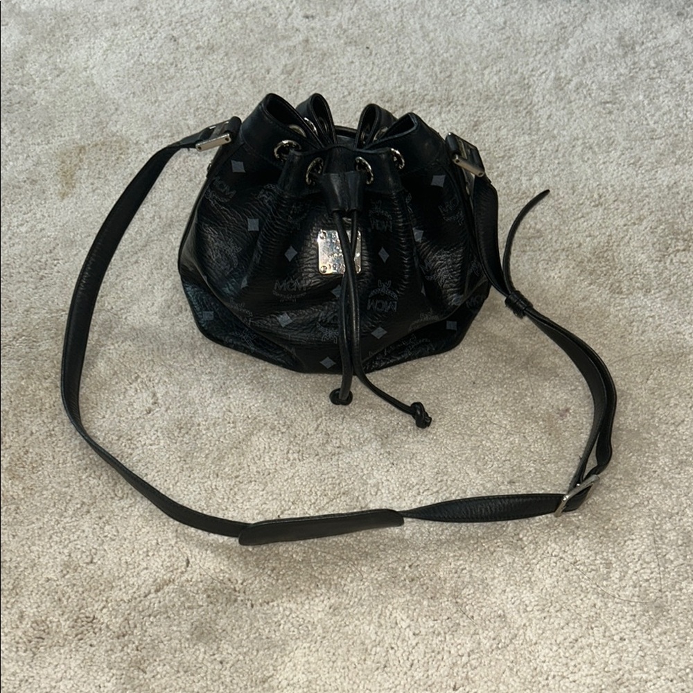 MCM Black Bucket Bag with Drawstring Closure